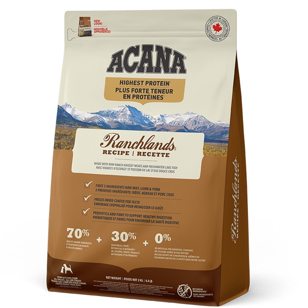 Acana / Chien / Haute teneur protéines, recette terres d&#39;élevage Ranchlands, Format: 4.4lb / 2kg