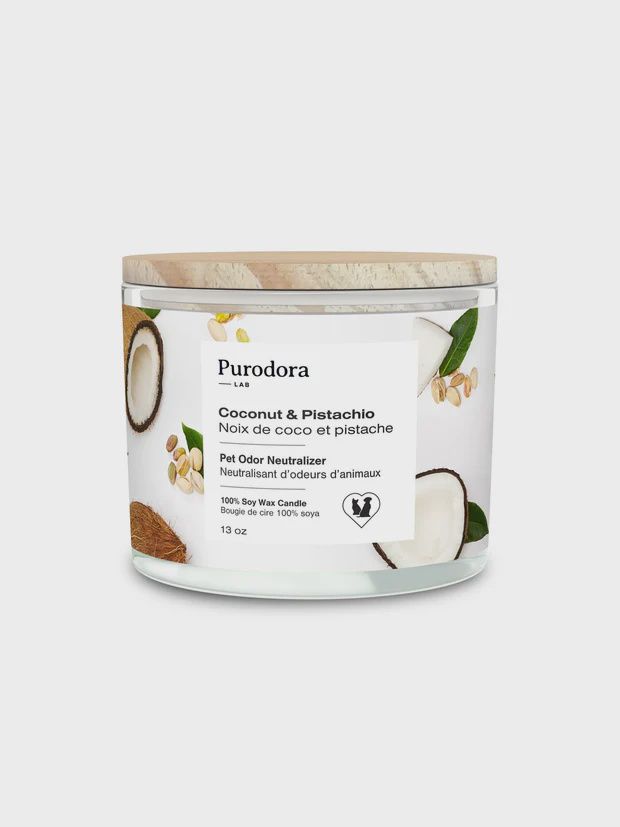 Purodora / Bougie de cire 100% soya et neutralisant d’odeurs d’animaux / 13oz, Fragrance: Noix de coco et pistache