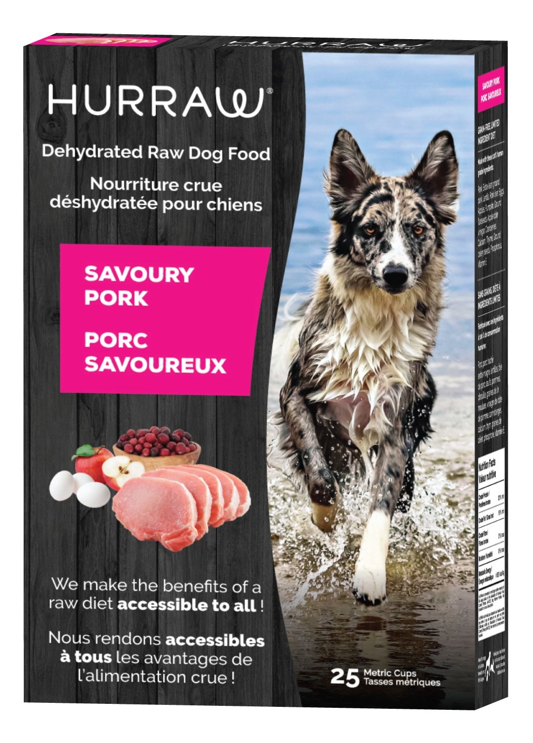 Hurraw / Chien / nourriture crue déshydratée, saveur: Porc savoureux | 1 boîte de 25 tasses