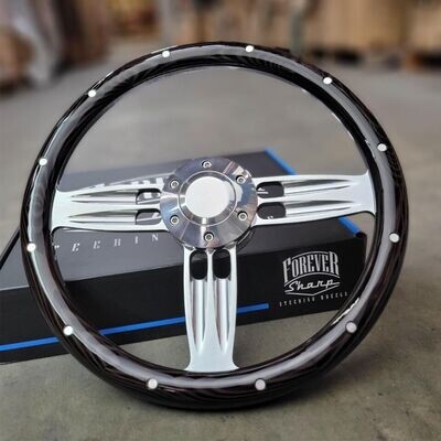 14&quot; Inch Billet Steering Wheel Dark Pine Wood Rivet Horn - 6 Hole