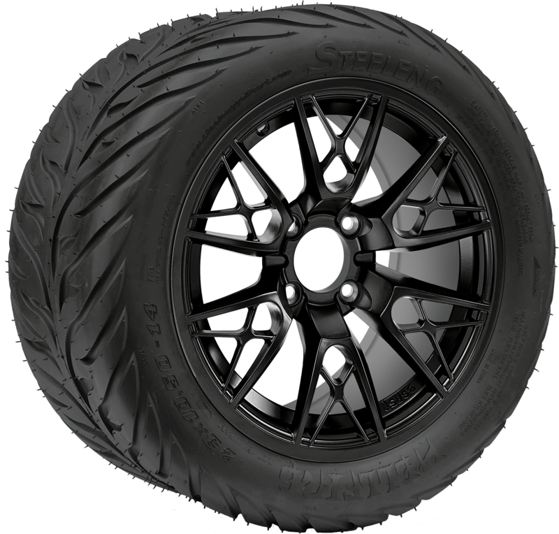 SGC 14″ Saber Tooth Glossy Black Wheel – Aluminum Alloy / STEELENG 23″x10.5″-14″ HELLFIRE All Terrain DOT Approved