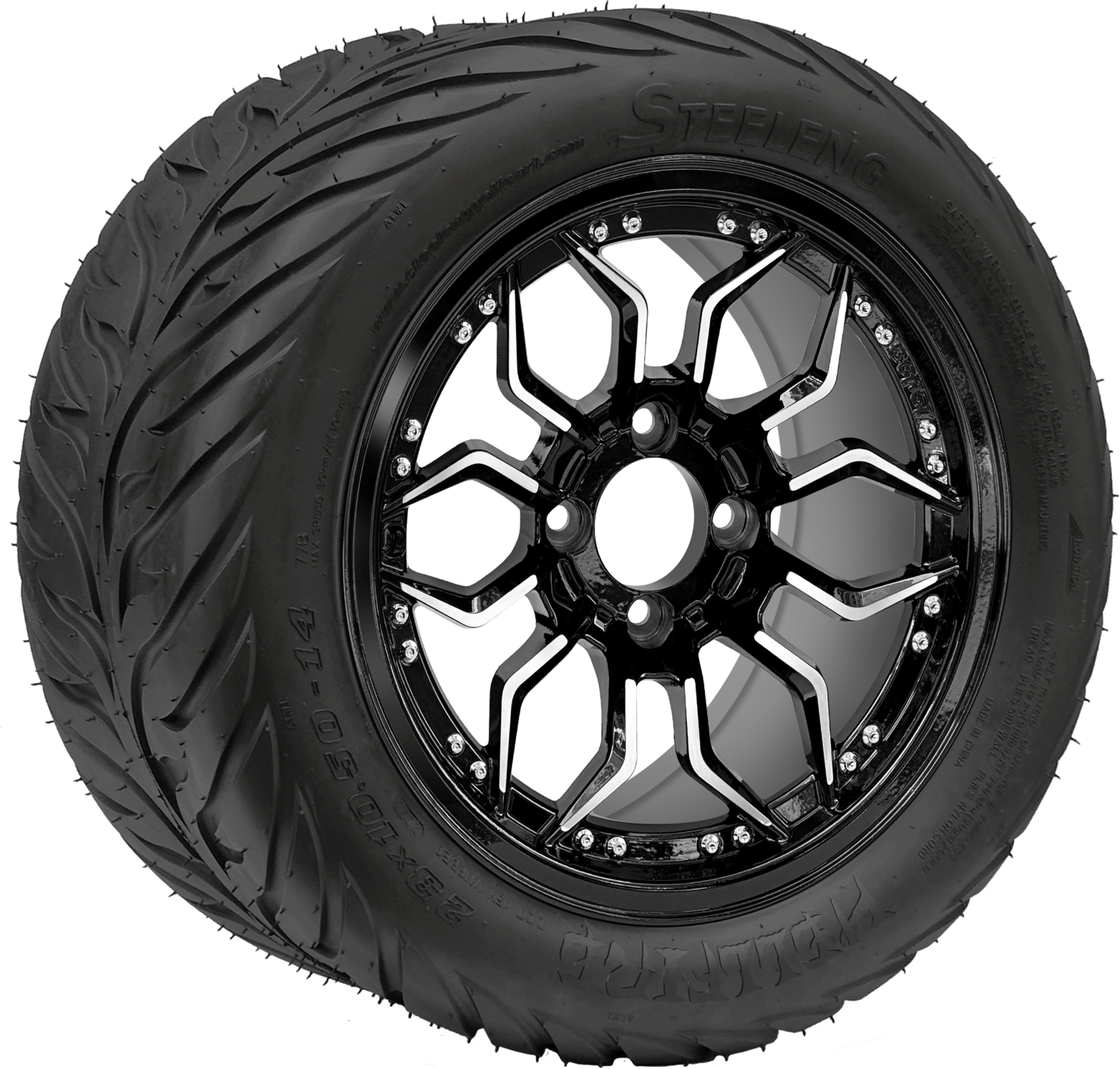 SGC 14″ Scorpion Machined Black Wheel / STEELENG 23″x10.5″-14″ HELLFIRE All Terrain DOT Approved