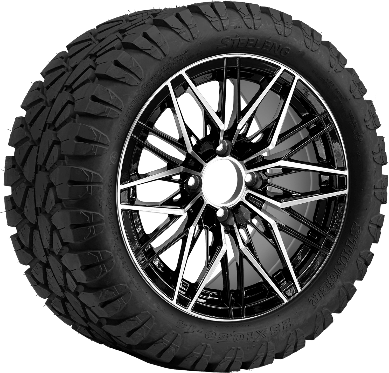 SGC 14″ Hornet Machined Black Wheel / STEELENG 23″x10.5″-14″ STINGER AT Tire DOT Approved