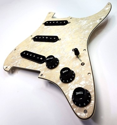 Pre Wired Fully Loaded Drop In 11 hole Strat SSS Vintage Cream Pearloid Pickguard