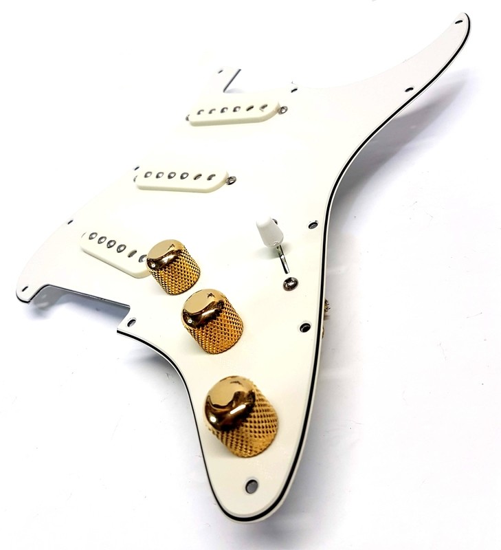 Pre Wired Fully Loaded Drop In 11 hole Strat SSS Vintage White 3ply Pickguard