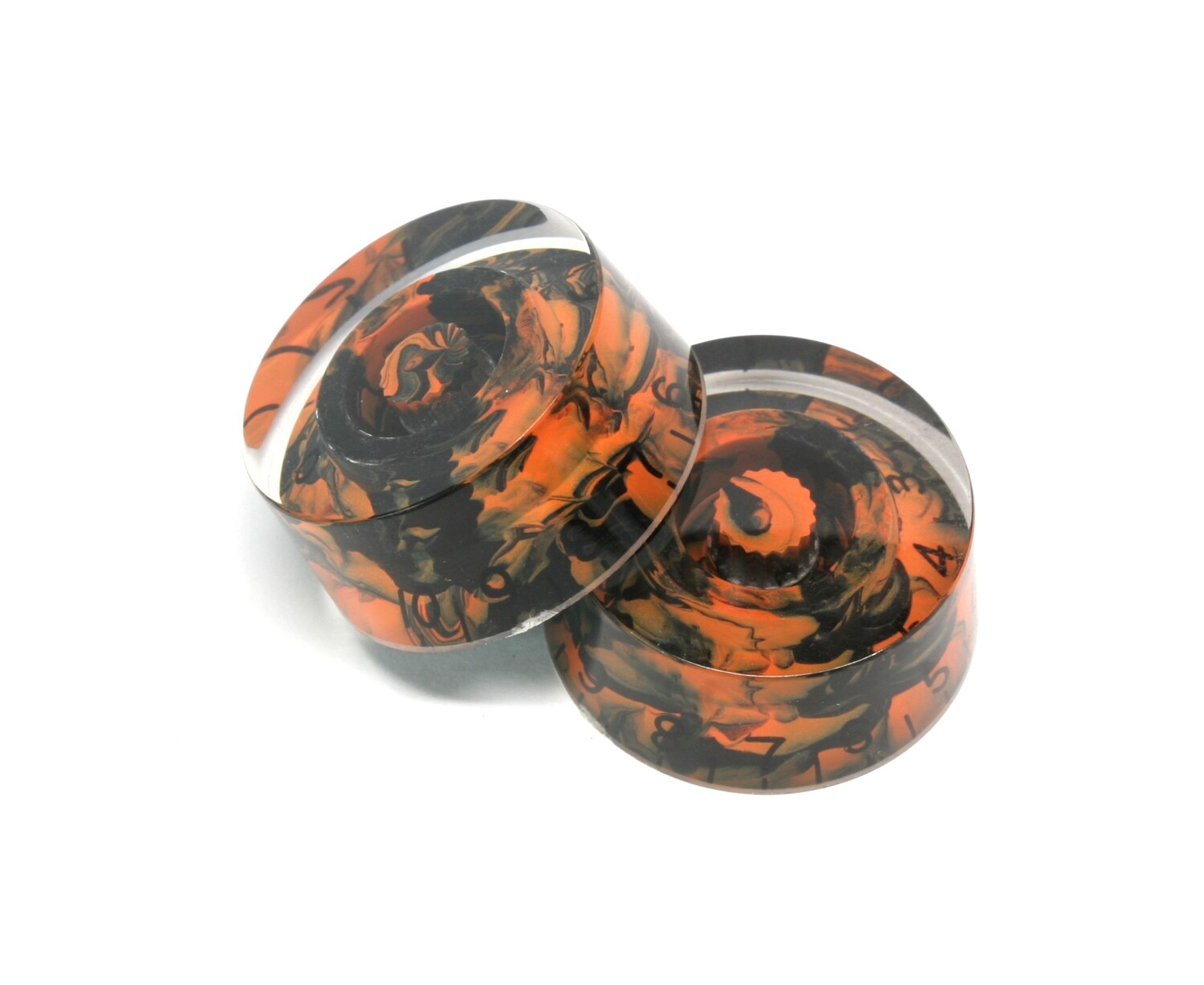Custom Swirl Black/Orange Speed knobs vintage style numbers, fits USA split shaft pots.
