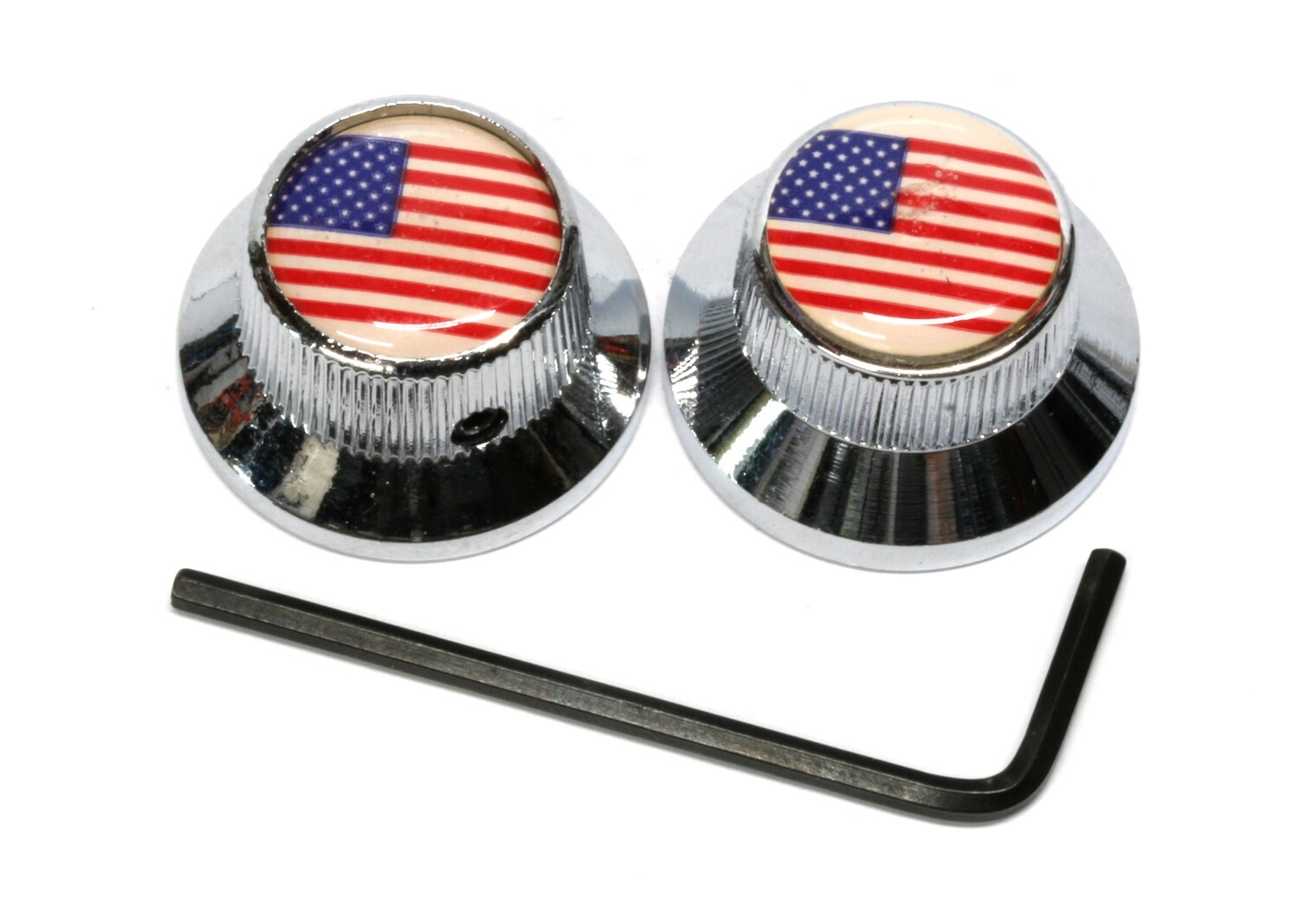 2 Chrome USA FLAG Metal Bell knobs US size fit. Set Screw