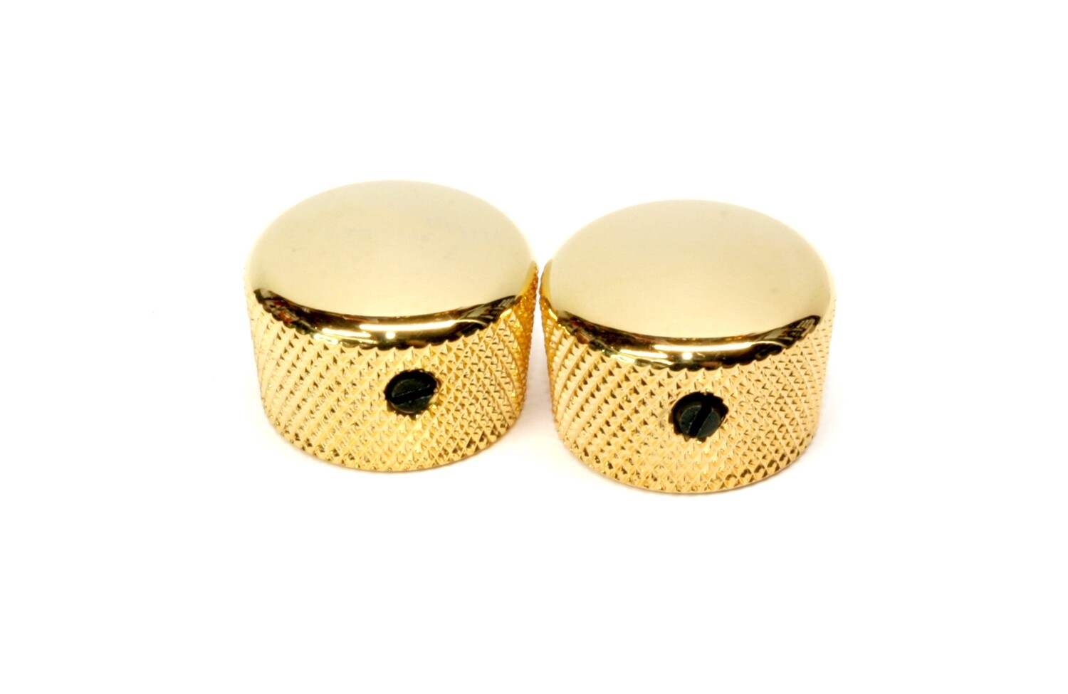 Gold Cupcake metal knobs (2), with set screw, fits USA solid shaft pots.3/4&quot; wide.