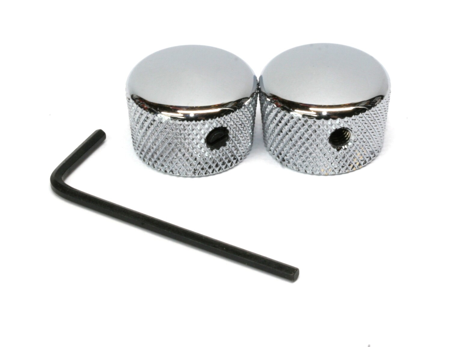 Chrome Cupcake metal knobs (2), with set screw, fits USA solid shaft pots.3/4" wide.
