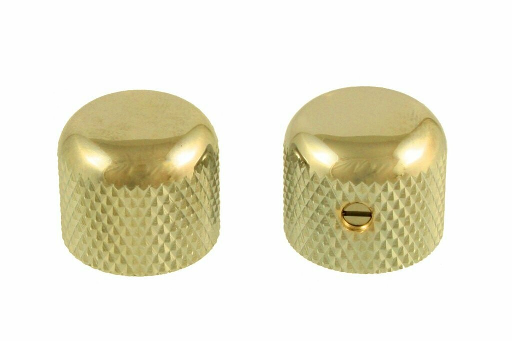 Gold Short dome knobs (2), Gotoh, with set screw, fits USA split shaft pots, 5/8" tall x 3/4" wide.