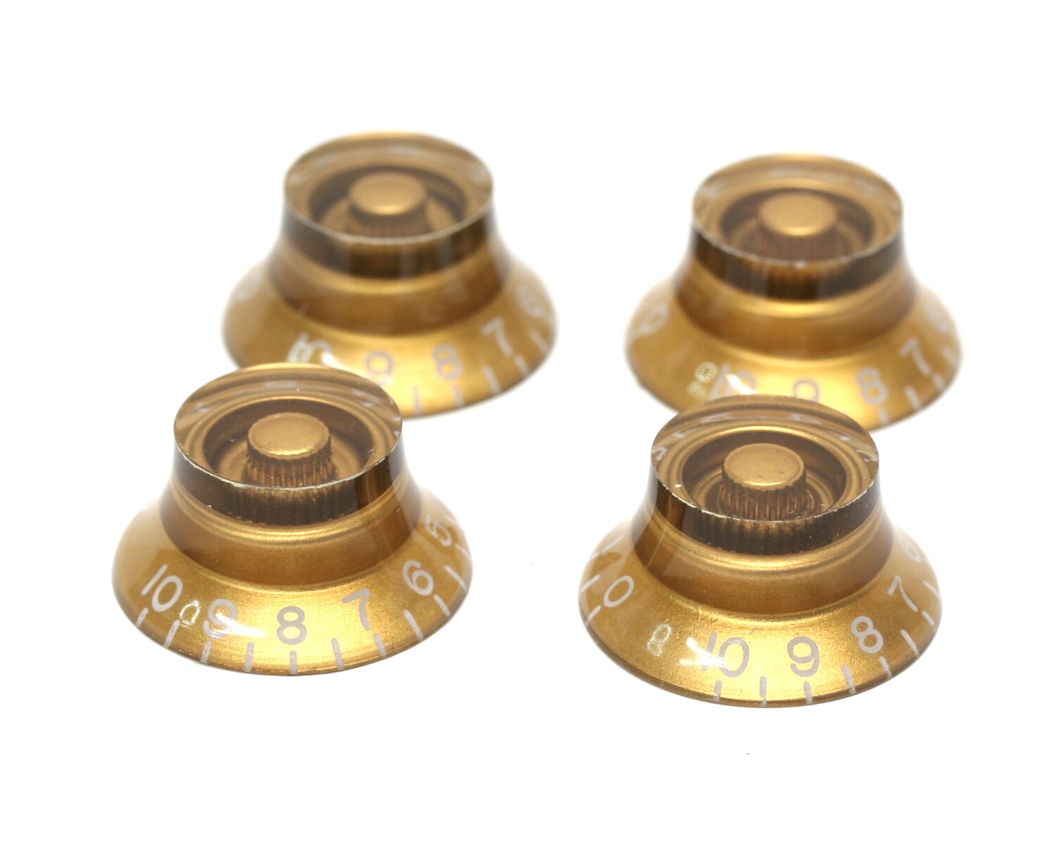 Left Handed Metric Size 18 Splines Bell Top Hat Control Knobs for Asia Import Guitar or Bass Split Shaft Pots , Gold (Set of 4)