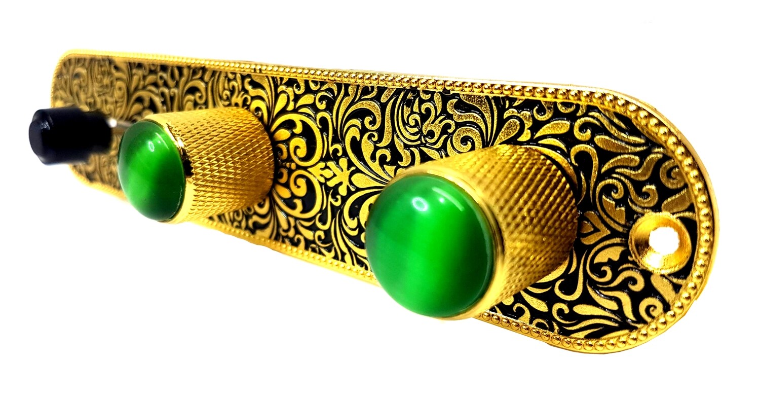 Brio Metal Engraved Tele Control Plate GOLD ON BLACK w/Green Gem Knobs