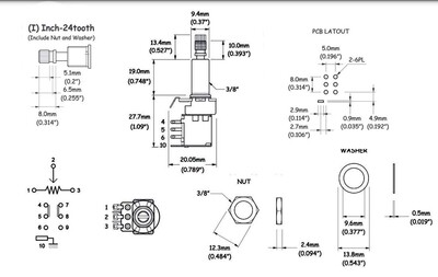 500kΩ, Audio, Knurled Long, DPDT, Push-Push