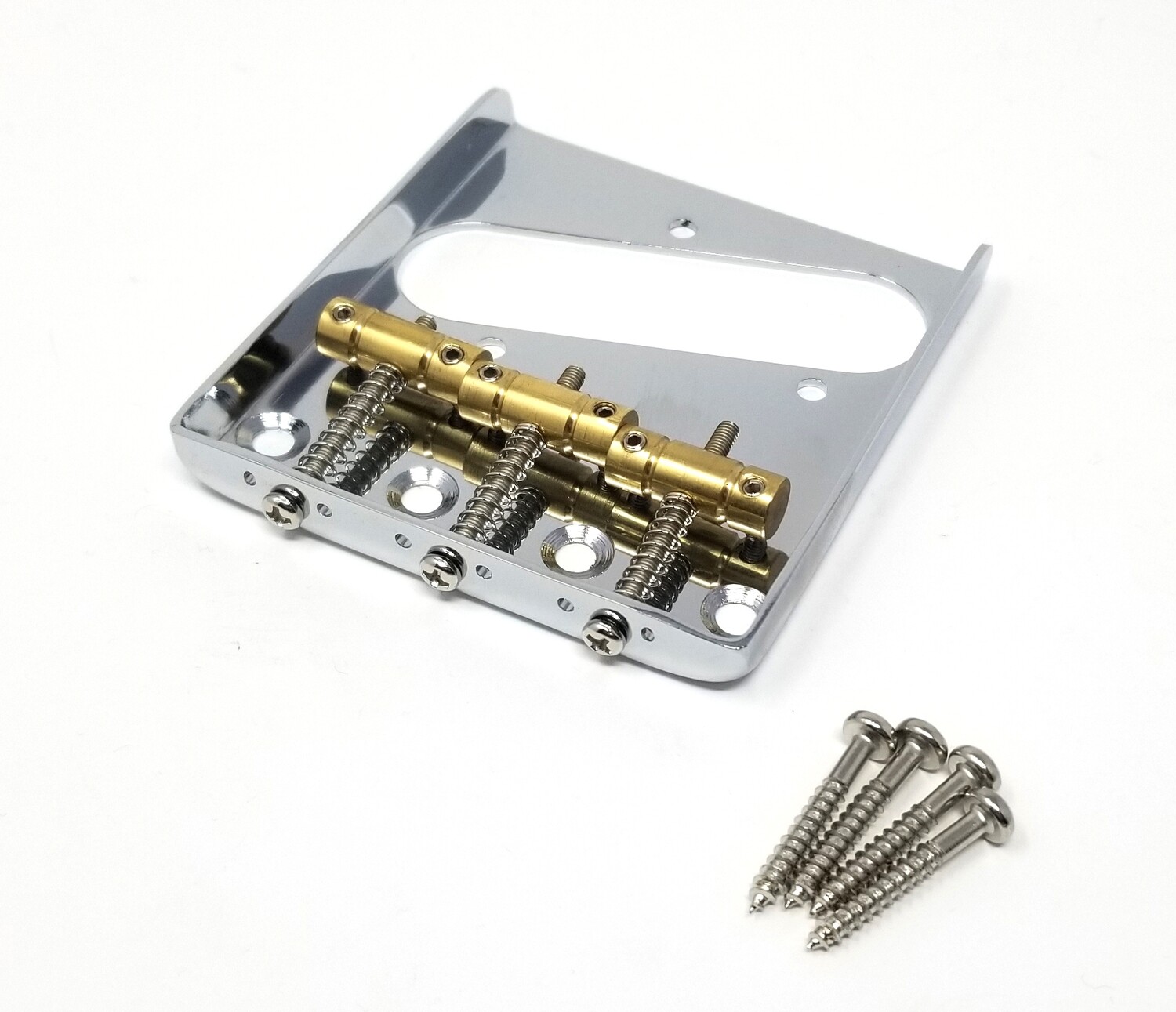 Brio Left-Handed Vintage Tele Bridge (Chrome) — 3 Brass Saddles • Dual-Load