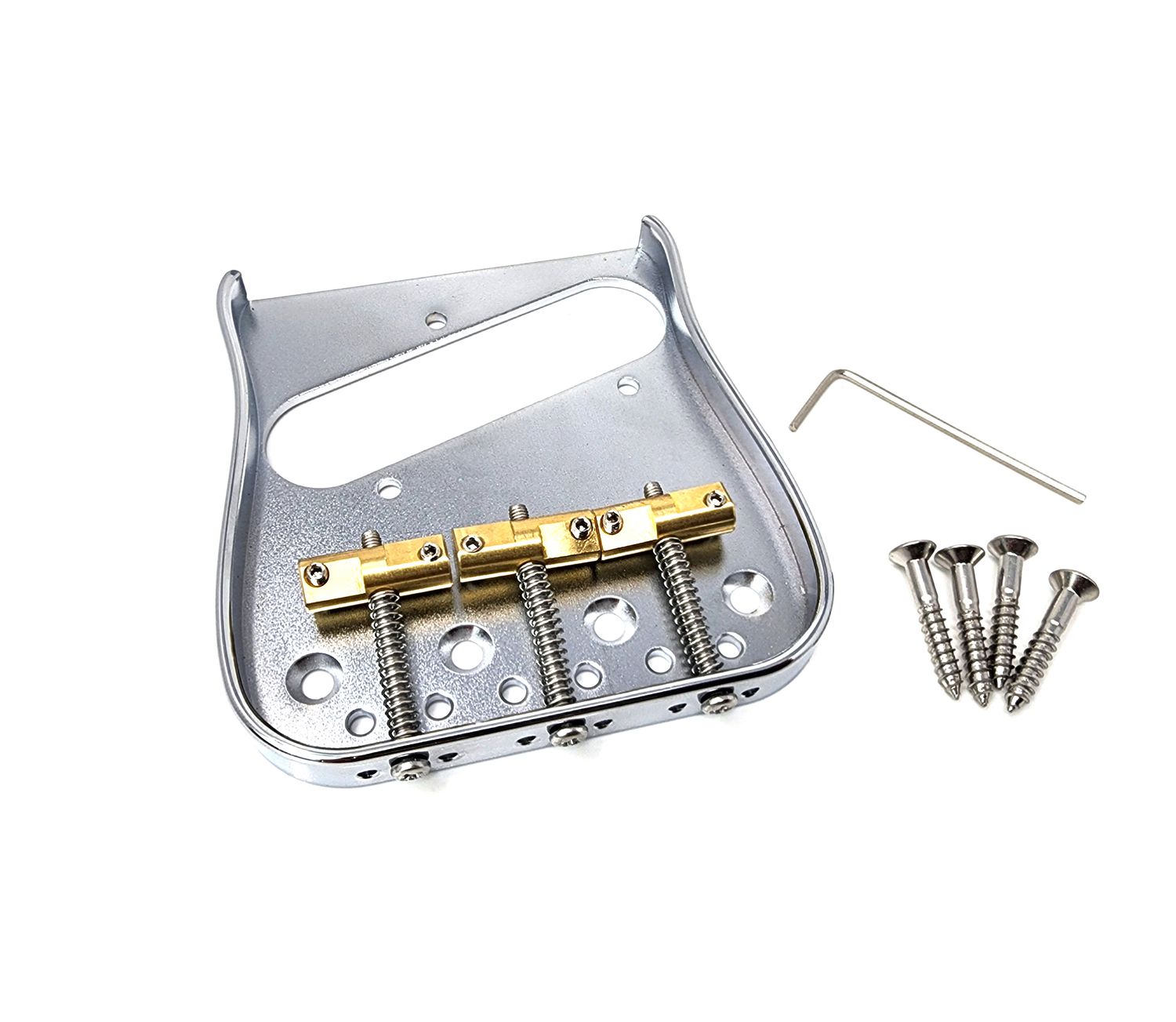 ​Left Handed Telecaster Guitar Bridge – 54mm Brass Plate, 3 Compensated Saddles – Top-Load &amp; String-Through, Curved Vintage Style