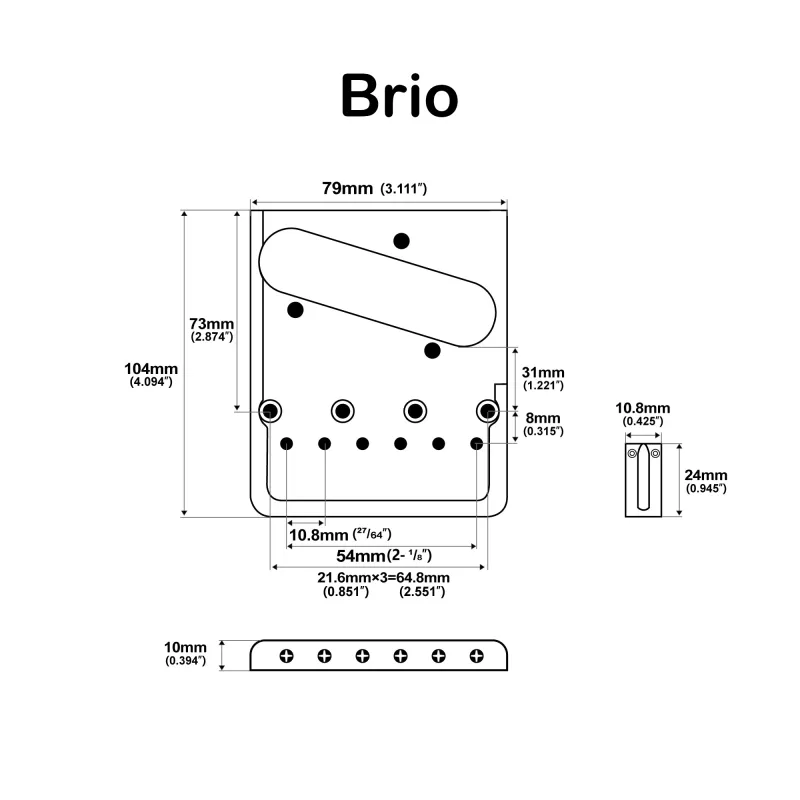Brio Heavy Duty Telecaster® Style Asymmetric Bridge Gold Finish | Full Solid Brass Plate &amp; Saddles