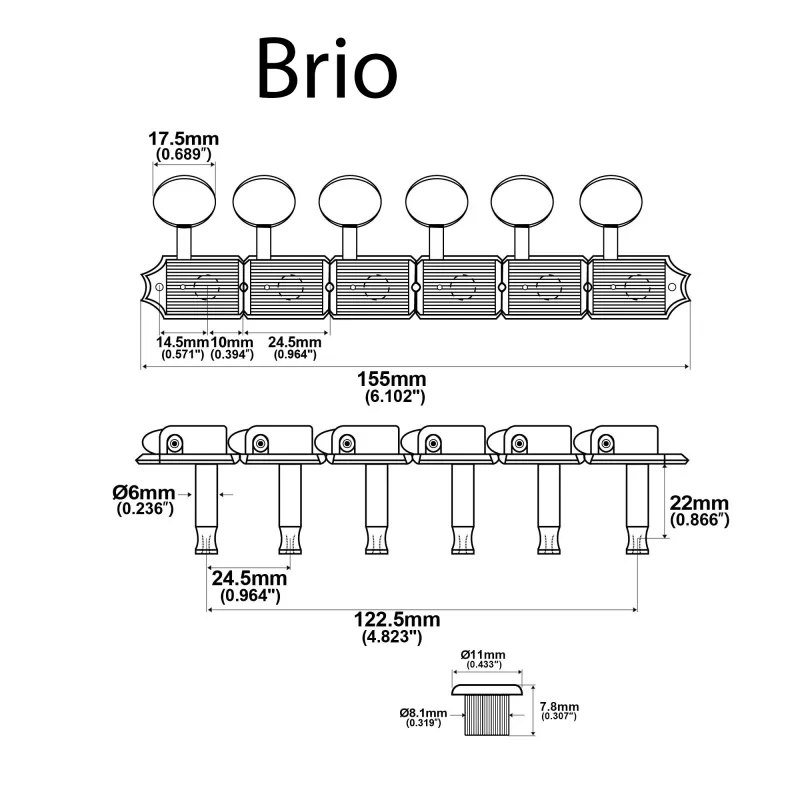 ​Brio Vintage Style 6-in-Line Guitar Tuners – Split Shaft Machine Heads for Strat &amp; Tele Style Guitars