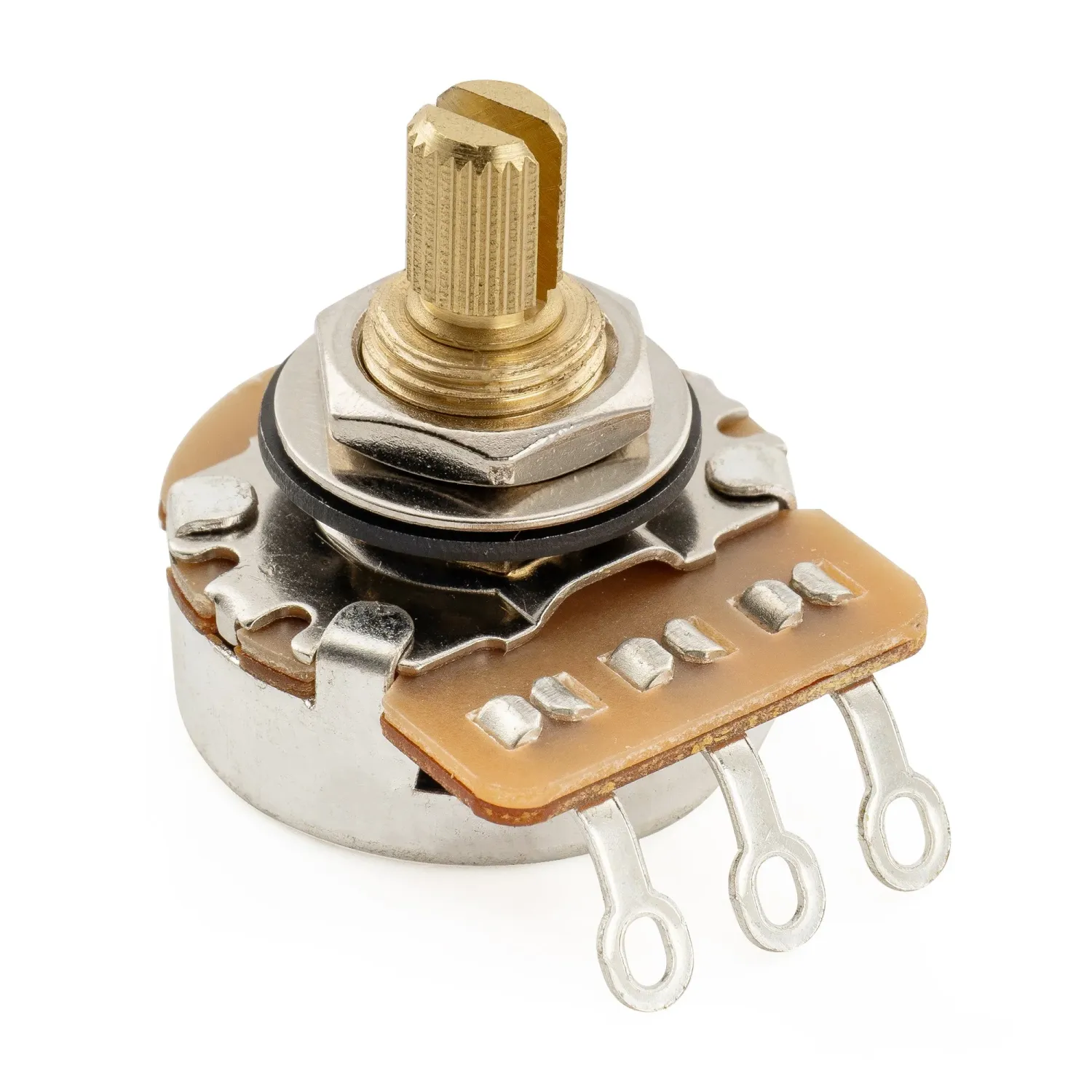 Pro HD A1M Potentiometer – 1 Meg Audio Taper – Short Split Shaft – Full Brass Shaft/Thread – 24 Fine Spline – Guitar / Bass