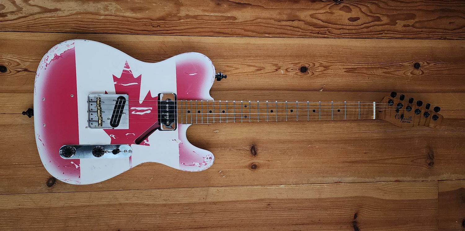 Carparelli Patriotic T-Style Custom Build Relic Canadian Flag Finish • Roasted Flame Maple Neck • Stacked P90 / Rail Pickup • Coil Splitting