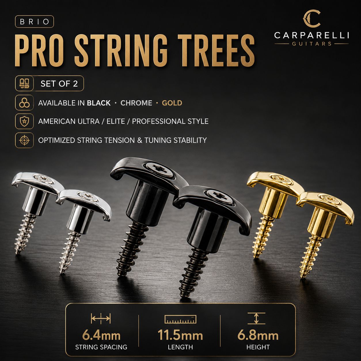 Pro String Trees / String Guides / Retainers Available in Black, Chrome, or Gold — Set of 2