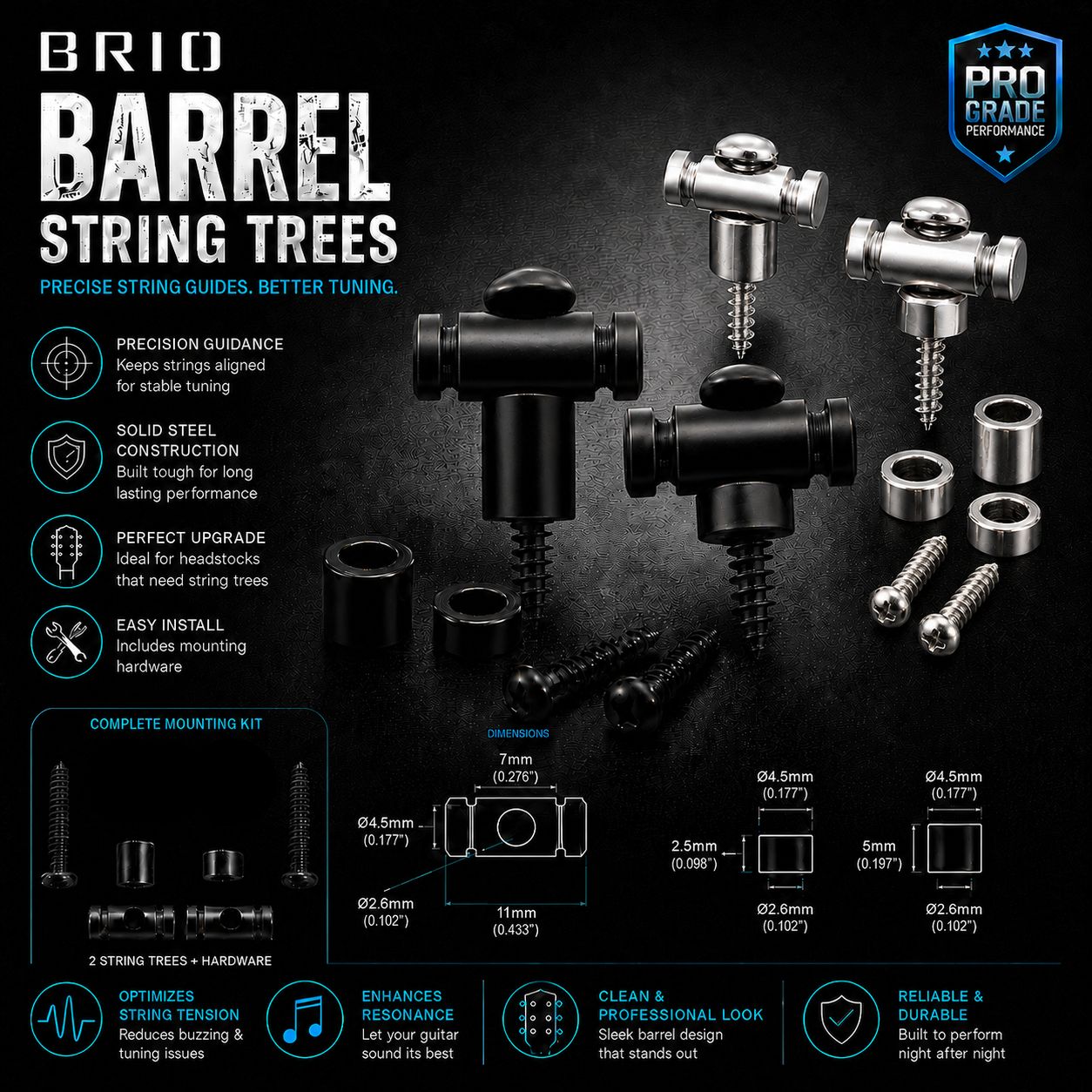 Brio Pro Steel Barrel Style String Trees / String Guides —Chrome or Black — Set of 2