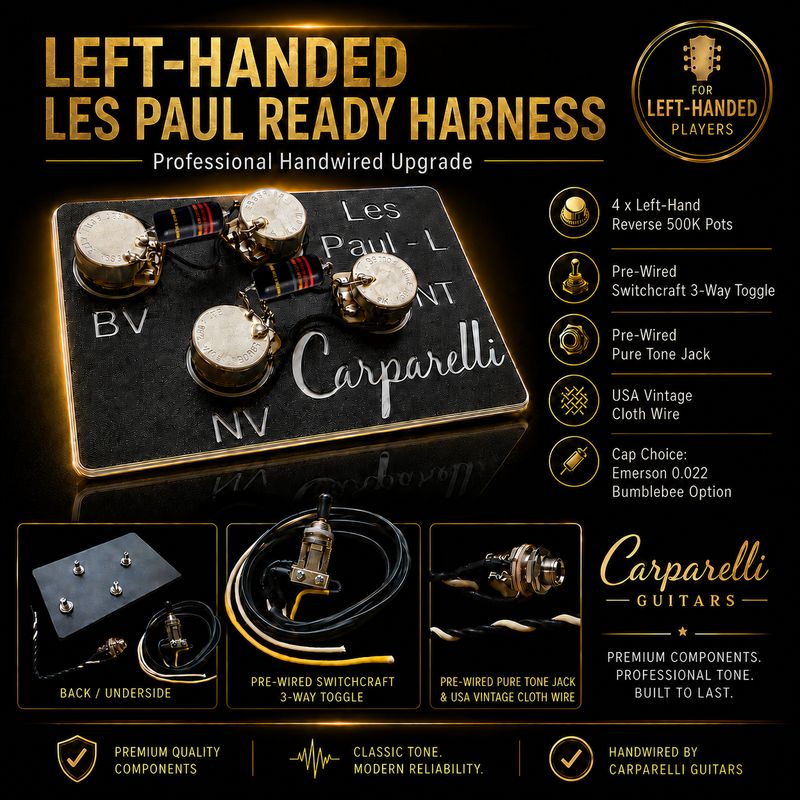 Carparelli Left-Handed Les Paul Ready Wiring Harness – 500K Reverse Pots, Switchcraft Toggle &amp; Pure Tone Jack