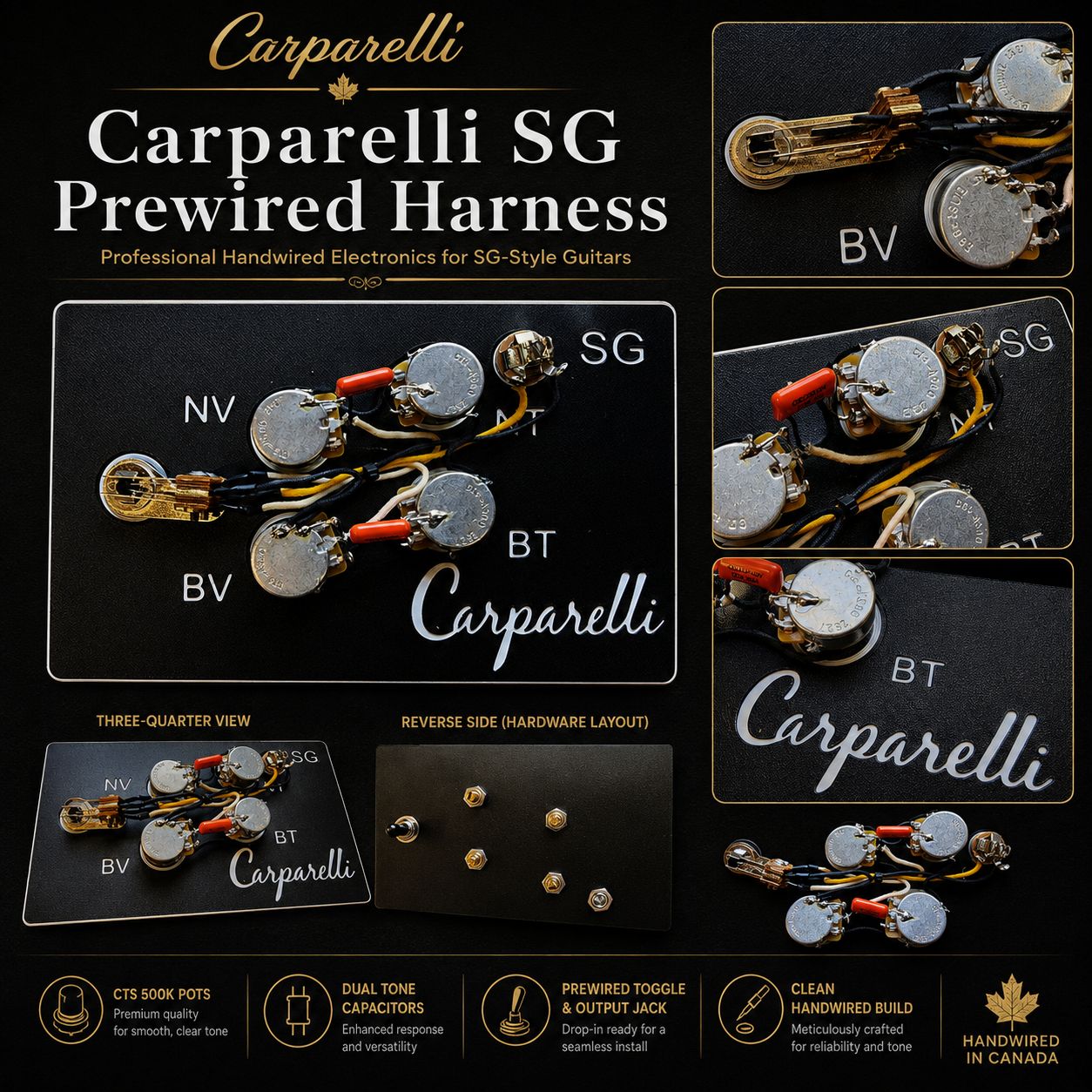 Carparelli SG Prewired Guitar Harness – CTS 500K Pots / Pure Tone Jack / Orange Drop Caps