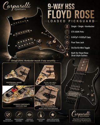 Carparelli 9-Way HSS Floyd Rose Strat Mod – Pro-Built Loaded Pickguard with Humbucker Bridge &amp; Vintage Tone System