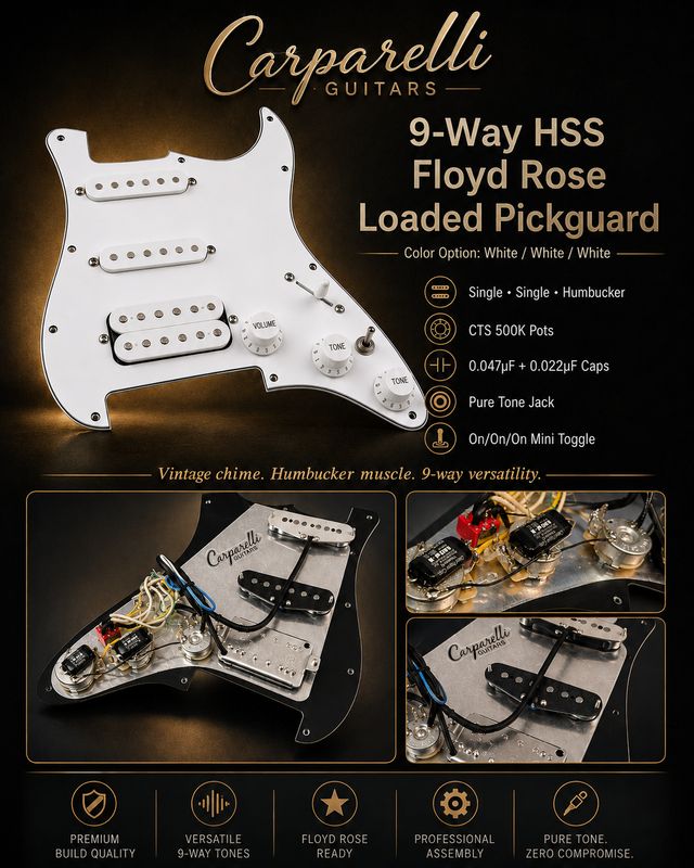 Carparelli 9-Way HSS Floyd Rose Strat Mod – Pro-Built Loaded Pickguard with Humbucker Bridge &amp; Vintage Tone System