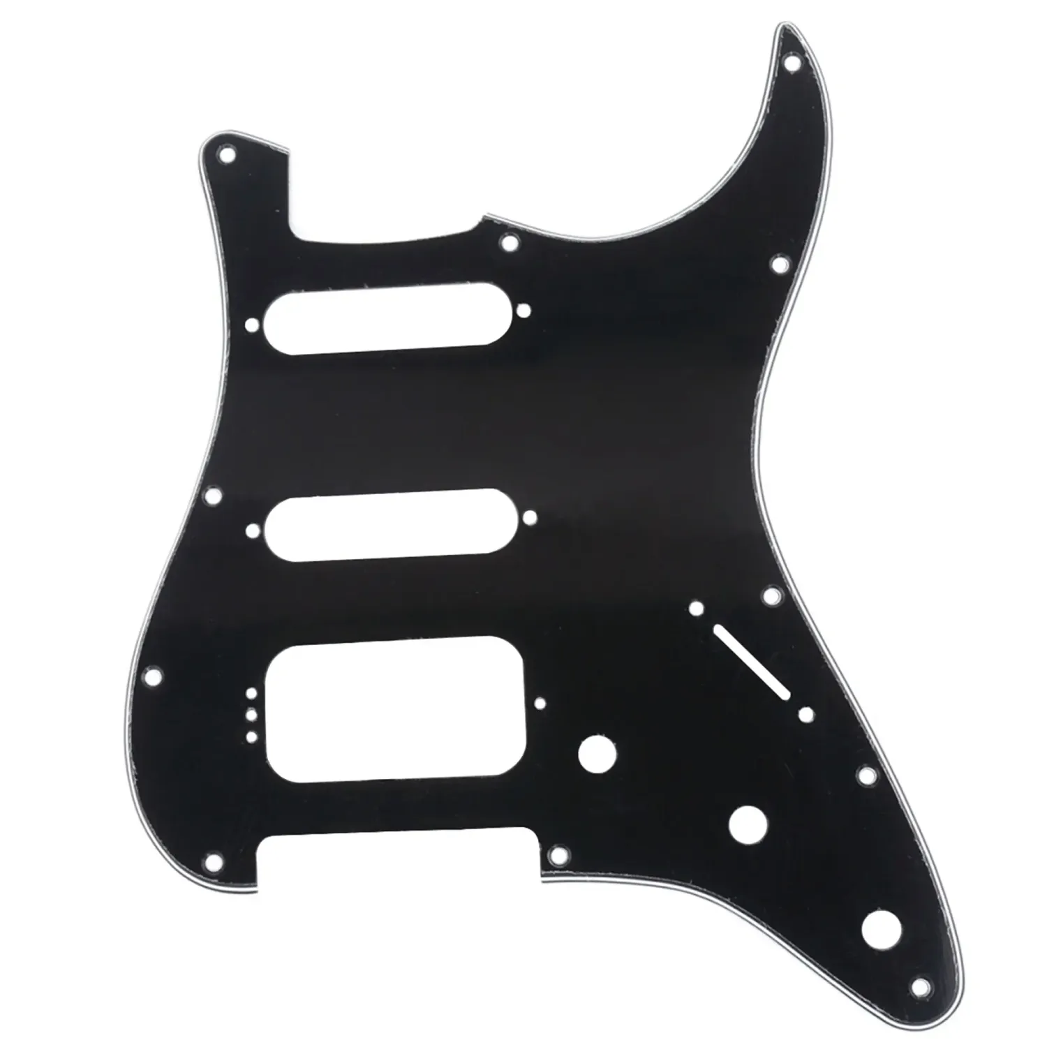 BRIO HSS Strat-Style Pickguard – 3-Ply Black, 11-Hole, Round-Corner Humbucker Opening