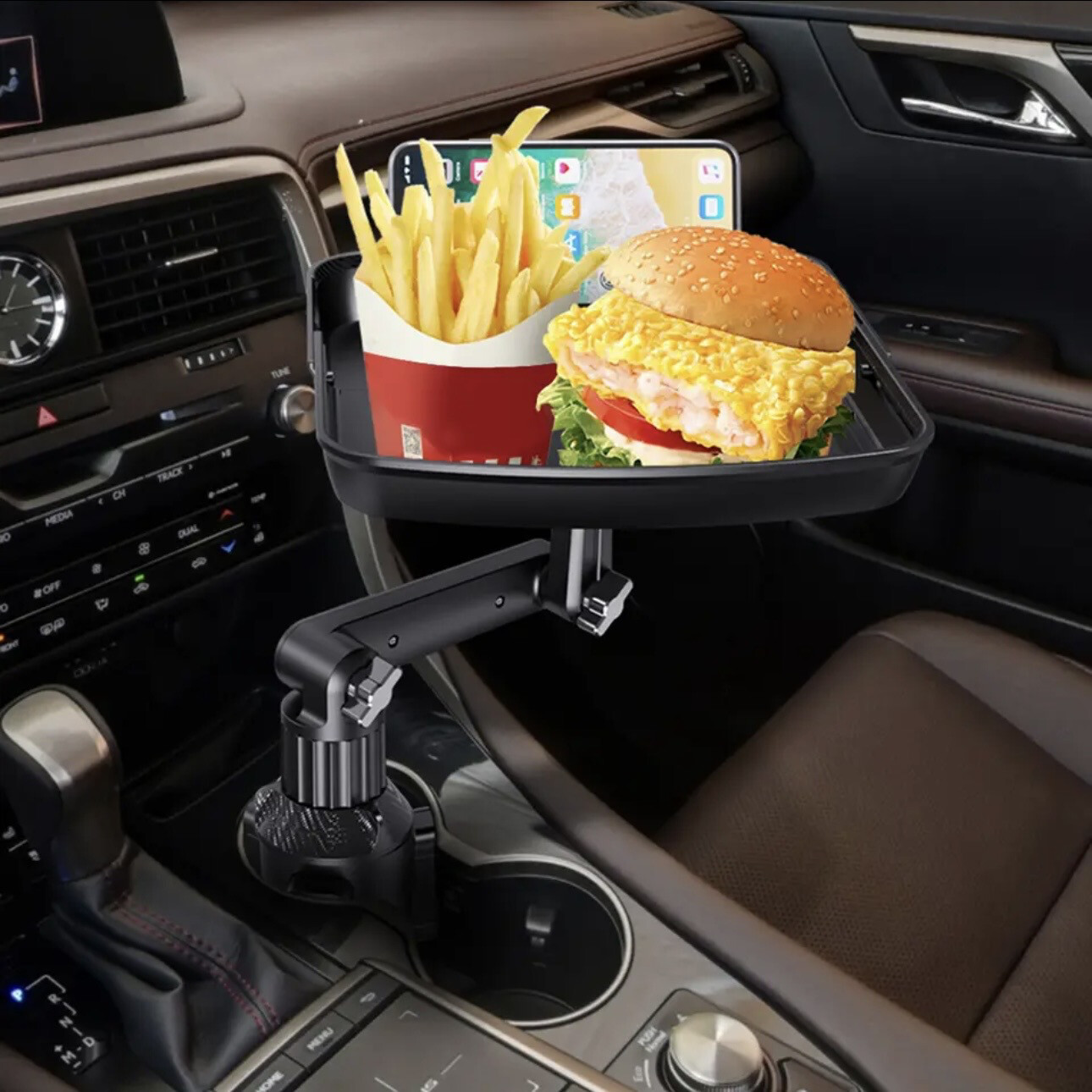 Car Food Tray with 360° Adjustable Swivel Arm &amp; Phone Stand