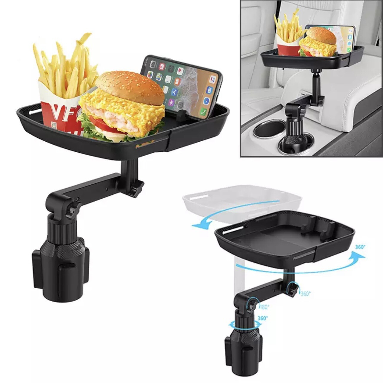 Car Food Tray with 360° Adjustable Swivel Arm &amp; Phone Stand