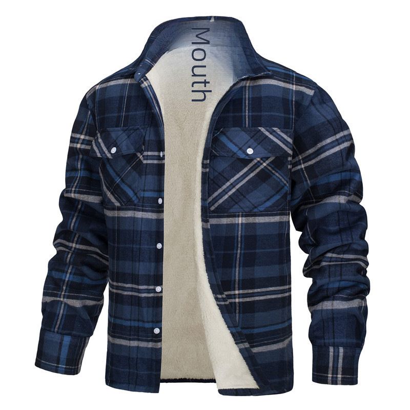 Velvet Men&#39;s Jacket 2023 New Amazon Long Sleeve Laps Plaid Plush Lined Single-breasted Loose Jacket