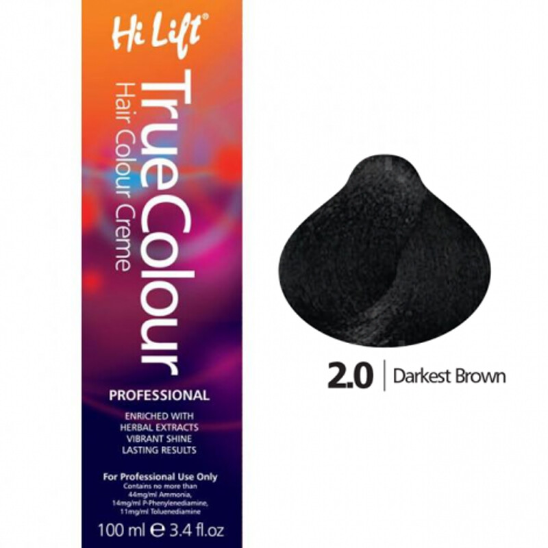 HI LIFT Hi Lift True Colour Permanent Hair Color Cream 2.0 Darkest Brown 100ml