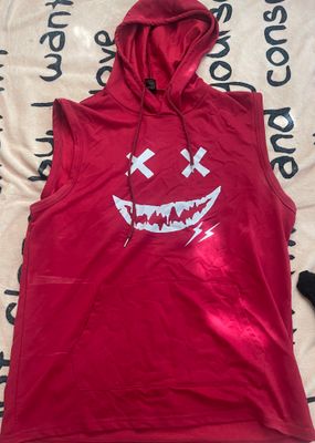 Red Sleeveless Graphic Hoodie – White Smile Face Pullover, Size Medium