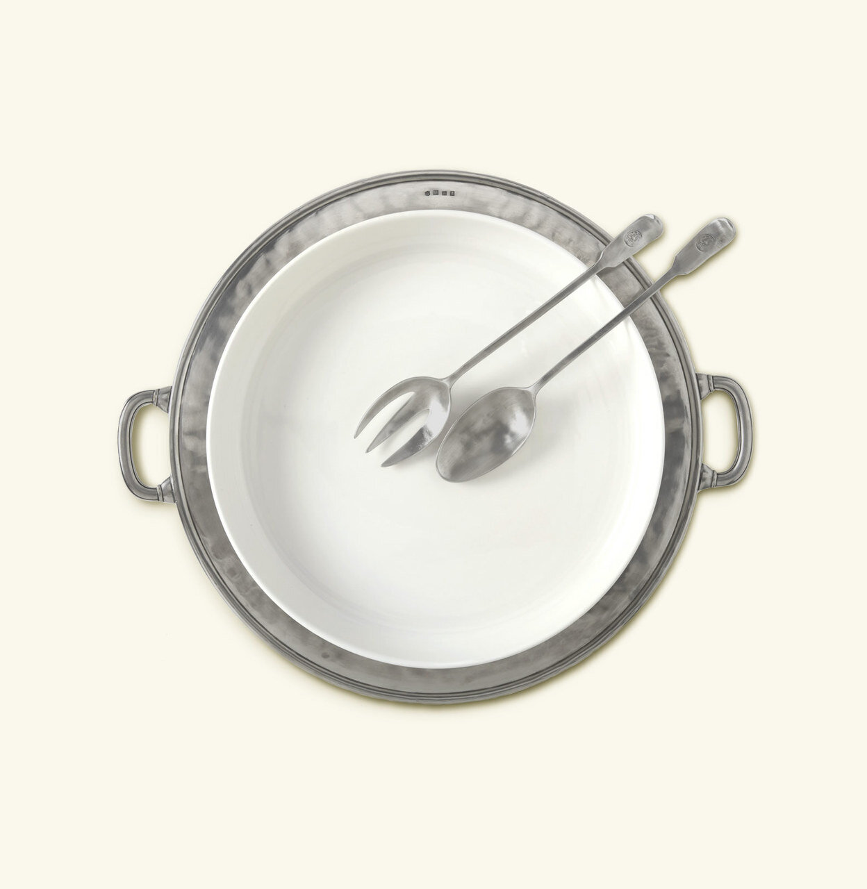 Match Pewter Convivio Round Serving/Casserole Platter With Handles - White