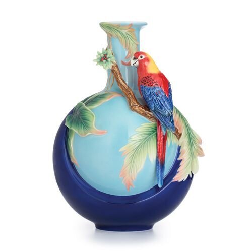Franz Porcelain Blue Winged Parrot Design Sculptured Porcelain Mid Size Vase FZ02758