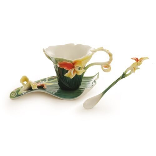 Franz Porcelain Brilliant Blooms Canna Lily Flower Cup Saucer Spoon Set FZ01813