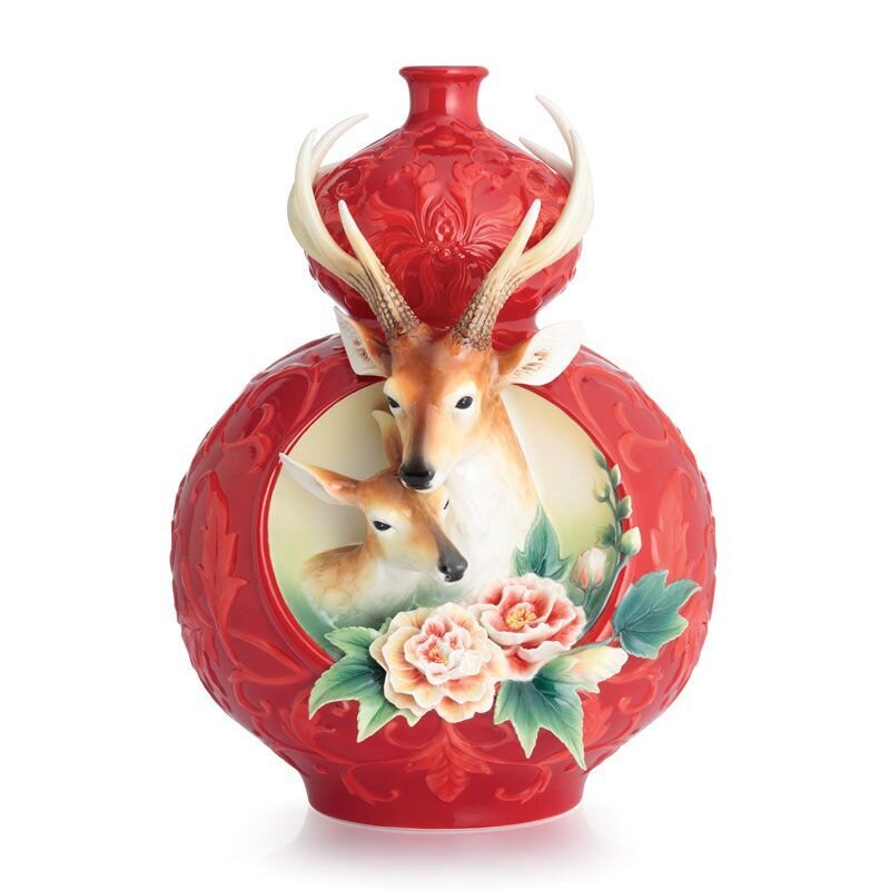 Franz Porcelain Deer, Cotton Rose & Peony Large Vase (Limited Edition 999) FZ02854