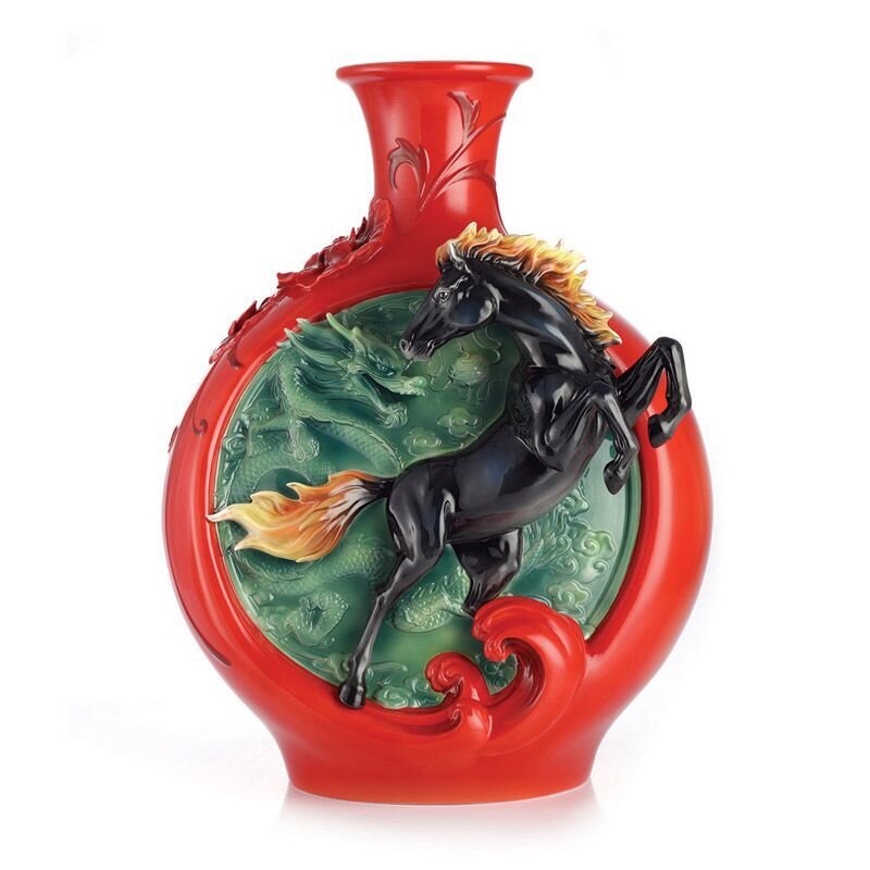 Franz Porcelain Dragon And Steed Vase With Wooden Base Limited Edition 1288 FZ03172