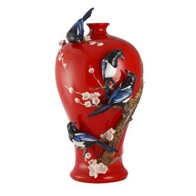 Franz Porcelain Four Magpies On Plum Tree Design Sculptured Porcelain Vase With Wooden Base FZ02988