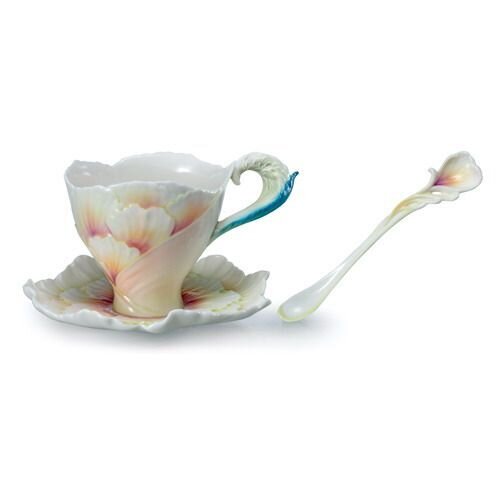 Franz Porcelain Garden Blossoms Peony Cup Saucer Spoon Set FZ02078