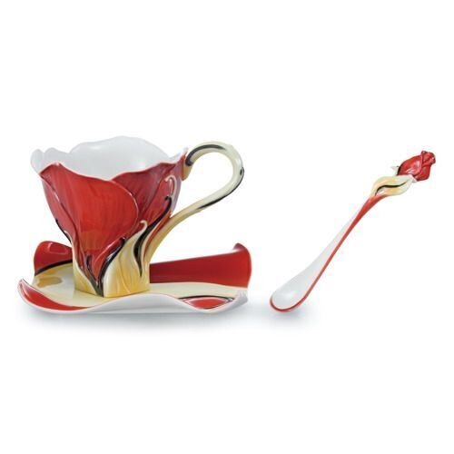 Franz Porcelain Garden Blossoms Rose Cup Saucer Spoon Set FZ02079