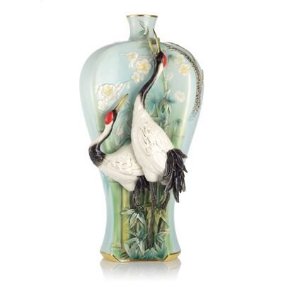 Franz Porcelain Good Tidings Crane-Red-Crowned Crane Design Sculptured Porcelain Vase With Wooden Base FZ03163