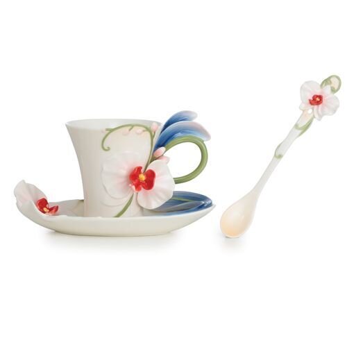 Franz Porcelain Graceful Orchid Flower Design Sculptured Porcelain Cup/Saucer/Spoon Set FZ02693