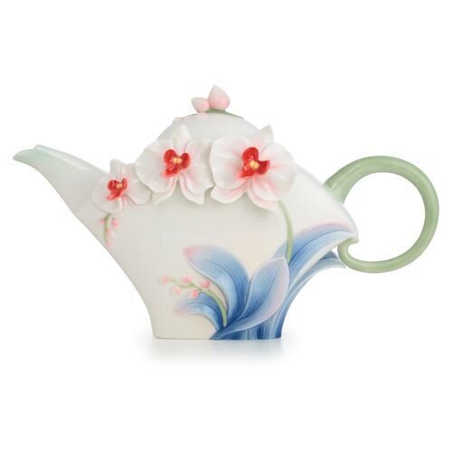 Franz Porcelain Graceful Orchid Flower Design Sculptured Porcelain Teapot FZ02690