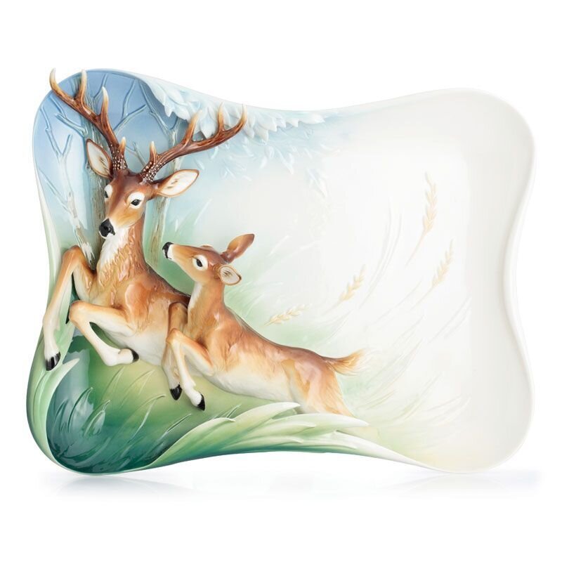Franz Porcelain Graceful Woodland Deer Tray W Wood Easel (Le 2,000) FZ02878