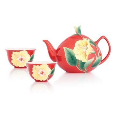 Franz Porcelain Hibiscus Design Sculptured Porcelain Red Teapot Cup Set FZ03041