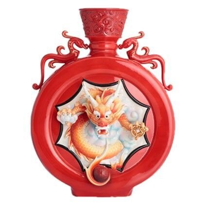 Franz Porcelain Majestic Dragon With Octagonal Design Sculptured Porcelain Red Round Vase FZ02827
