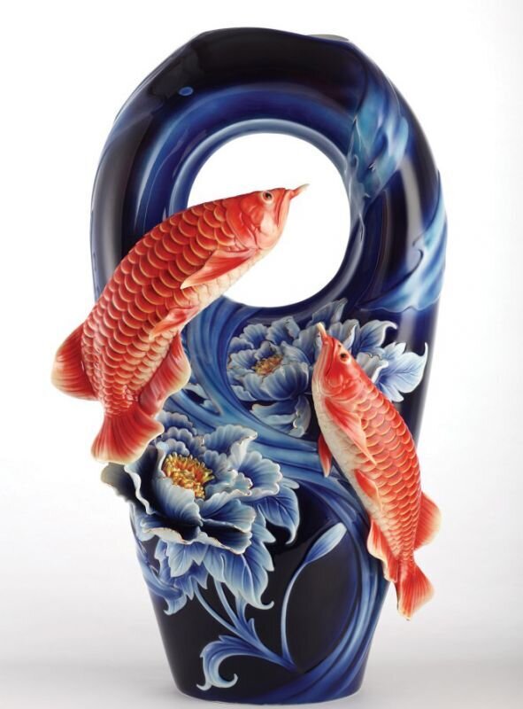 Franz Porcelain Red Arowana Fish Vase With Wooden Base Limited Edition 1688 FZ03089